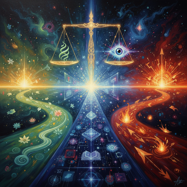 Abstrakte Darstellung dreier Lebensphilosophien als Wege zu unterschiedlichen Zielen, mit einer Waage als Symbol der Entscheidung.
