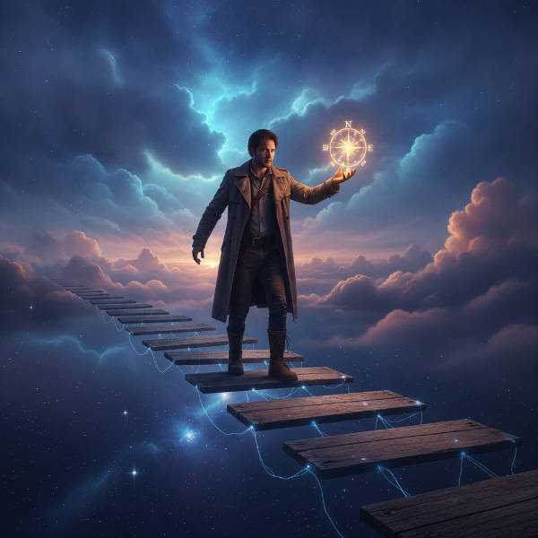Ein symbolisches Bild eines Menschen, der auf einem sich dynamisch verändernden Pfad balanciert, umgeben von symbolischen Elementen für Anpassungsfähigkeit und innere Ruhe.