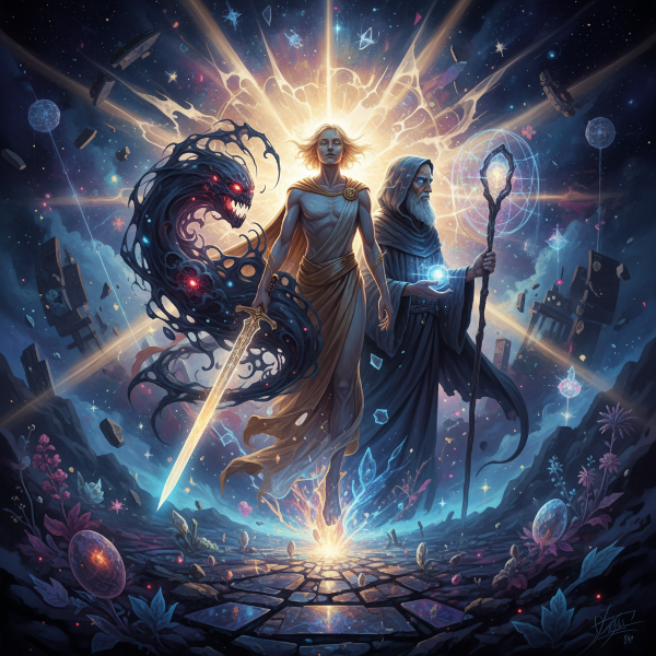 Ein surrealer Raum mit drei archetypischen Figuren: der strahlende Held, der verschattete Schatten und der leuchtend weise Alte, vereint durch kreisende Lichtbahnen.