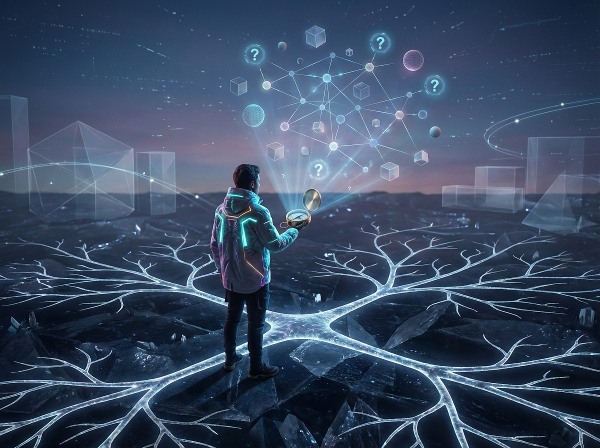 Eine Person an einem Kreuzungspunkt leuchtender Denkpfade, die mit einem Kompass eine 3D-Gedankenlandkarte mit Knotenpunkten und unsicheren Wegen projiziert.