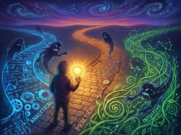 Eine Person an einer Weggabelung mit drei kreativen Pfaden, die eine Glühbirne hält, die Hindernisse beleuchtet und den Weg erhellt.