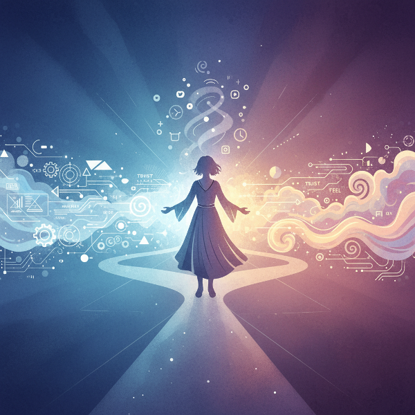 Eine Person an einer Weggabelung, die den Konflikt zwischen rationaler Analyse und intuitiver Eingebung bei Lebensentscheidungen symbolisiert.