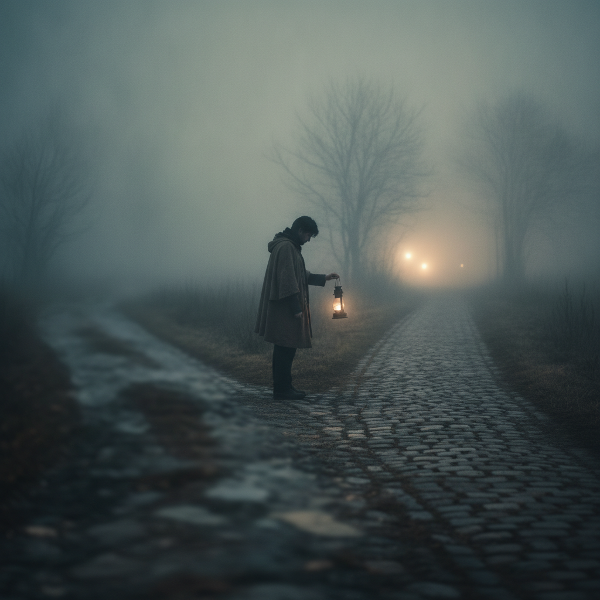 Das Bild zeigt eine Person an einer Weggabelung in dichtem Nebel, wobei ein Pfad deutlich sichtbar und der andere kaum erkennbar ist. Sie symbolisiert die Wahl zwischen Sicherheit und Ungewissheit.