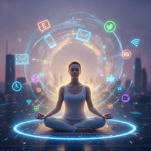 Eine Person meditiert ruhig zwischen schwebenden digitalen Symbolen, die Online-Stressoren darstellen, und symbolisiert digitale Widerstandsfähigkeit und inneres Gleichgewicht.