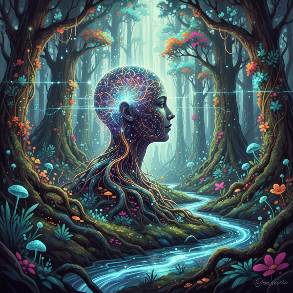 Eine Person, deren neuronales Netzwerk sich mit den Wurzeln und Ästen eines Waldes verbindet, um die tiefe, unbewusste Resonanz zwischen Psyche und Natur darzustellen.