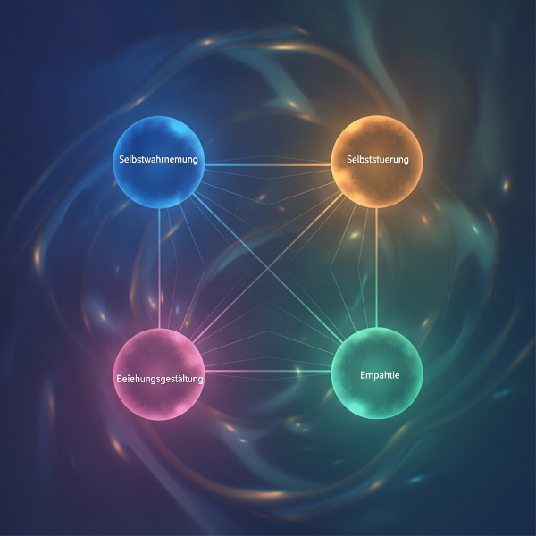 Das Bild zeigt vier leuchtende Sphären in verschiedenen Farben, die durch Linien verbunden sind, um die Vernetzung der emotionalen Intelligenzbereiche darzustellen. Der Hintergrund ist ein Verlauf von Blau zu Grün, was Ruhe und Wachstum suggeriert.