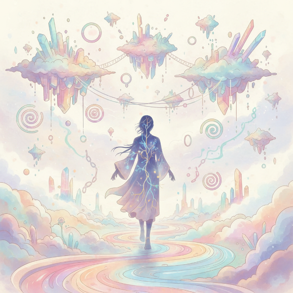 Eine surreale Darstellung einer Person, die eine emotionale Landschaft mit leuchtenden Nervenbahnen und schwebenden Beziehungsinseln navigiert.