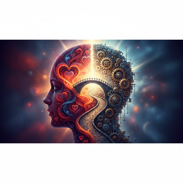Ein symbolisches Bild eines gespaltenen Kopfes, der eine emotionale und eine rationale Landschaft zeigt, verbunden durch eine Brücke.