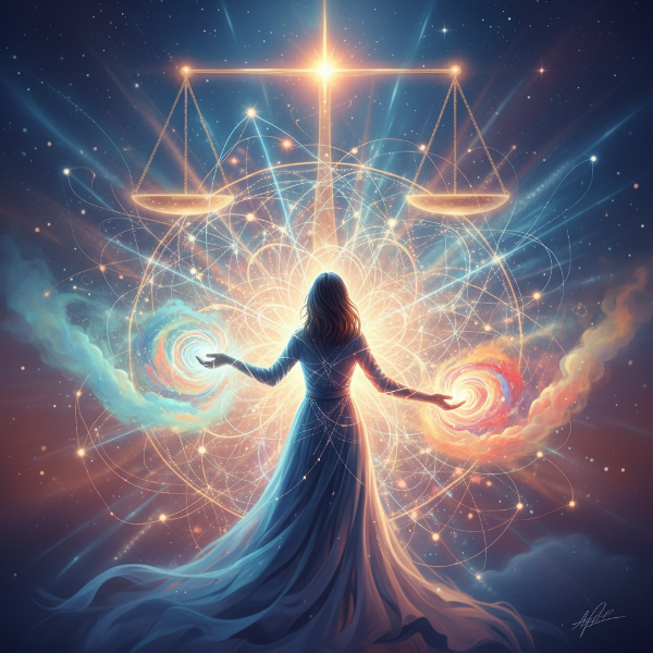 Eine Person im Zentrum eines leuchtenden Beziehungsgeflechts, die Energie empfängt und gibt, umgeben von emotionalen Auren und Waagen als Symbol für Balance.