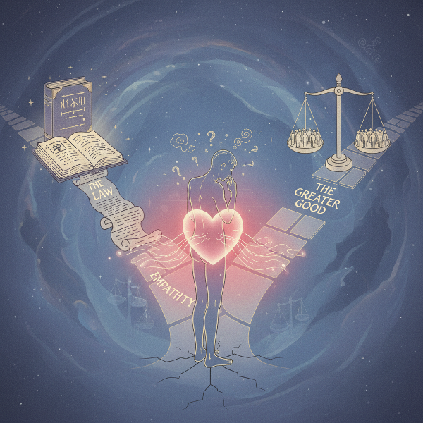 Eine Person an einer Weggabelung, die drei ethische Pfade symbolisiert: Pflicht, Empathie und Utilitarismus.