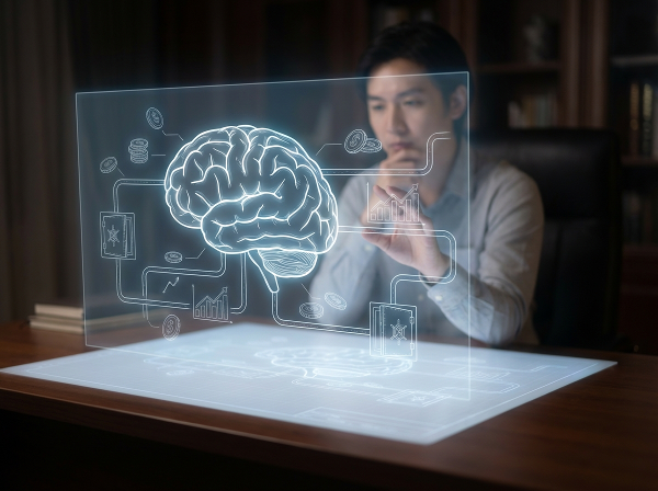 Eine Person betrachtet einen leuchtenden architektonischen Grundriss ihres Geistes, in den finanzielle Symbole wie Münzen, Diagramme und Tresore eingebettet sind.