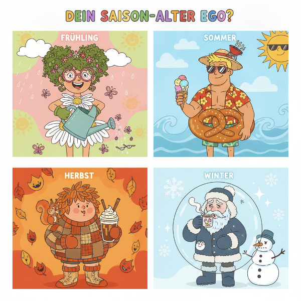 Eine farbenfrohe Collage zeigt vier humorvolle Cartoon-Figuren, die Frühling, Sommer, Herbst und Winter darstellen, mit typischen Symbolen wie Blumen, Sonnenbrille, Herbstblättern und Schal.
