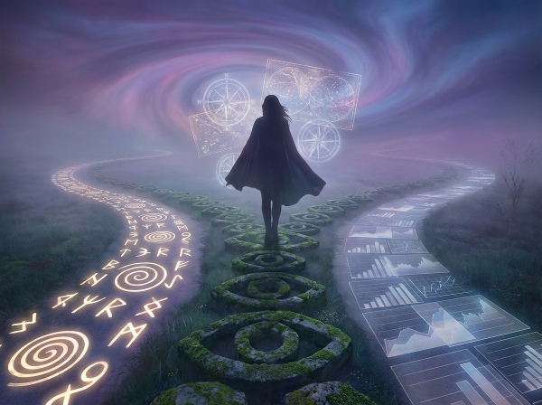 Eine surreale Landschaft, in der eine Person an einer Weggabelung aus intuitiven, analytischen und sozialen Pfaden steht, um den inneren Entscheidungsprozess zu symbolisieren.