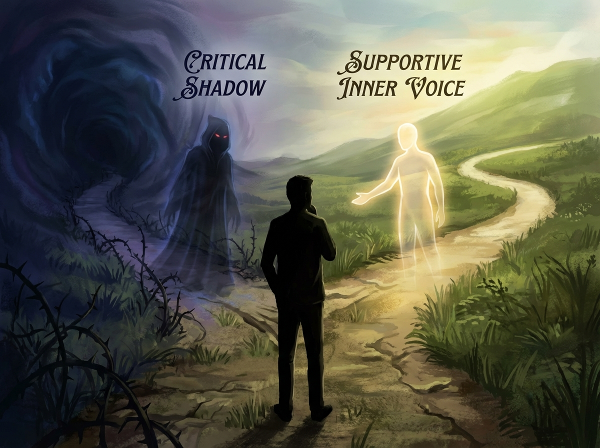 Eine Person an einer Weggabelung: Ein Weg ist dunkel und von einer kritischen Schattenselbstfigur blockiert, der andere hell und wird von einer unterstützenden inneren Stimme geleitet.
