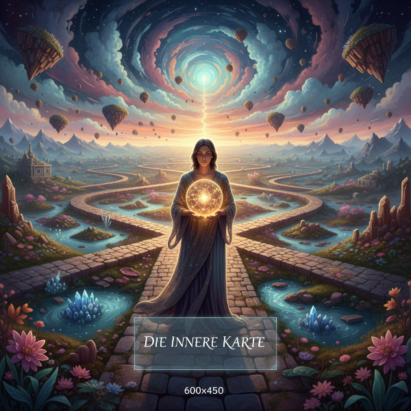 Eine Person an einer Weggabelung in einer sich wandelnden Landschaft, die ihre innere mentale Landkarte betrachtet.