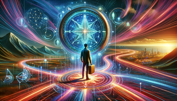 Eine Person an einem surrealen Scheideweg, deren Kompass innere Werte und äußere Landmarken projiziert, symbolisch für die Navigation der Identität.
