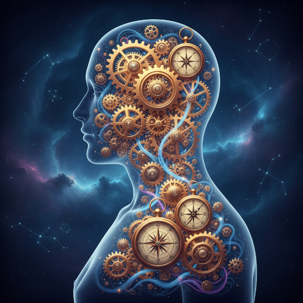 Eine abstrakte Darstellung eines inneren Navigationssystems mit Zahnrädern, Kompassen und Energieflüssen in einer menschlichen Silhouette.