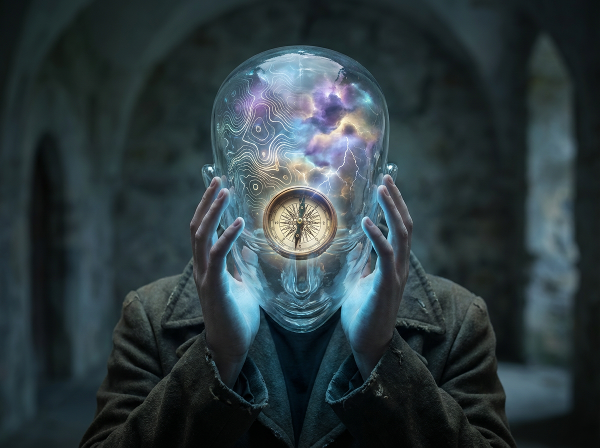 Eine Person hält einen leuchtenden Kompass in ihrem eigenen durchsichtigen Kopf, während neuronale Pfade eine topografische Karte bilden und ätherische Wetterphänomene innere Emotionen darstellen.