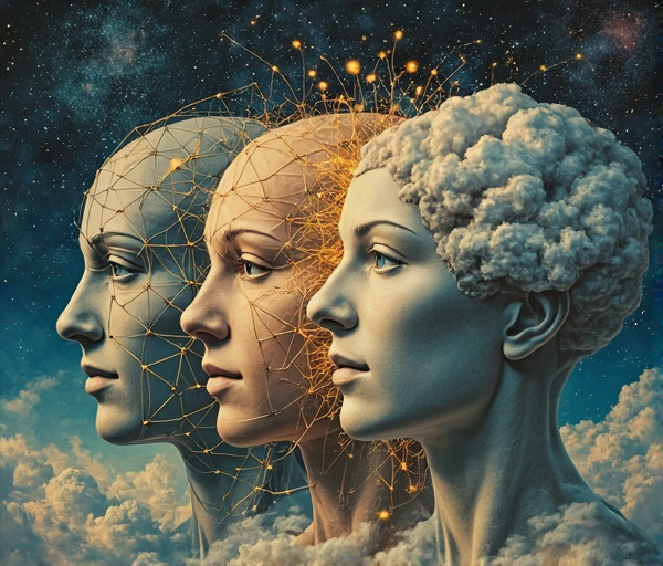 Ein Triptychon, das drei Köpfe zeigt, die Handlungsorientierung, Analyse und Intuition symbolisieren.