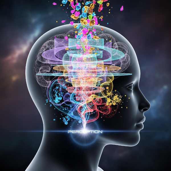 Eine abstrakte Darstellung des Geistes als mehrstufiges Filtersystem, das äußere Eindrücke sortiert und zu Gedankenmustern verarbeitet.