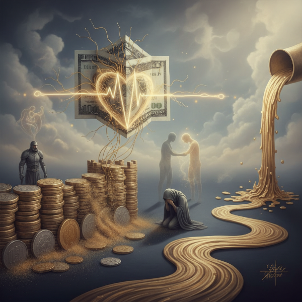 Ein surreal-symbolisches Bild, das Geld zeigt, das sich in emotionale Archetypen wie Herzen, Mauern und fließendes Wasser verwandelt.