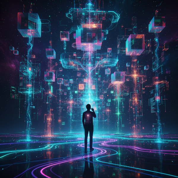 Eine Person an einem Kreuzweg aus leuchtenden Nervenbahnen, die abstrakte Entscheidungsbäume mit geometrischen Formen und Datenströmen betrachtet.
