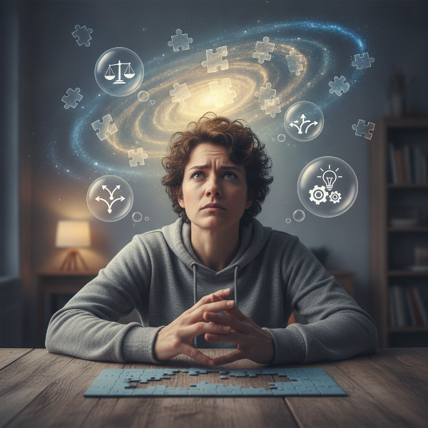 Eine Person sitzt an einem Schreibtisch, umgeben von schwebenden Puzzleteilen und Gedankenblasen, die Entscheidungsfindung und Denkprozesse darstellen.