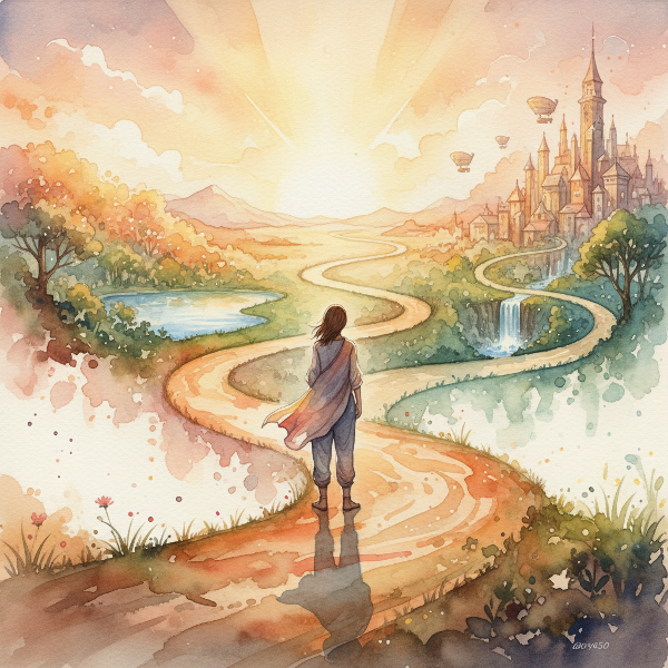 Eine Person an einer Weggabelung mit verschiedenen Pfaden in unterschiedliche Landschaften, die Lebensveränderungen und Entscheidungen symbolisieren.