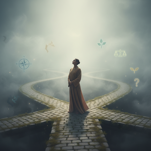 Eine Person an einem Wegkreuz mit verschwommenen Pfaden, die Gelassenheit in Unsicherheit symbolisiert.
