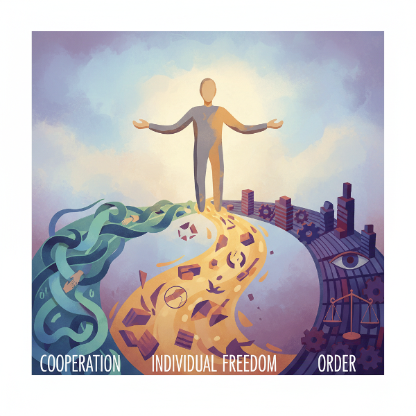 Eine Person steht symbolisch an einer Weggabelung, die verschiedene soziale Werte und Entscheidungswege darstellt.