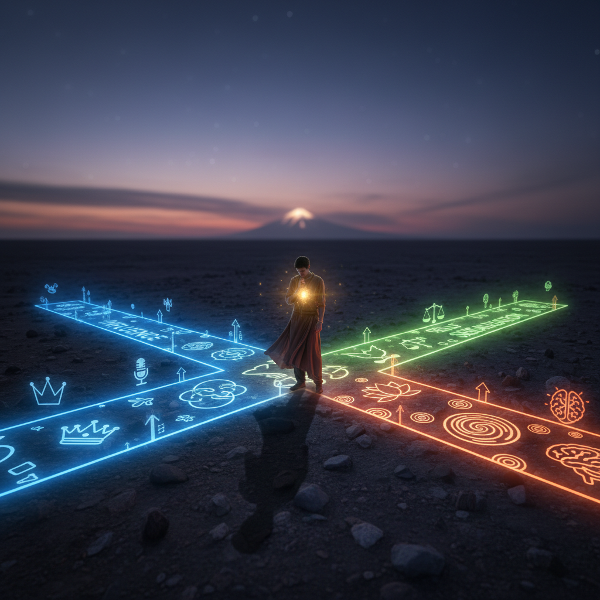 Eine symbolische Darstellung einer Person an einem Scheideweg mit leuchtenden Pfaden, die verschiedene innere Antreiber wie Einfluss, Harmonie und Selbstverwirklichung repräsentieren.