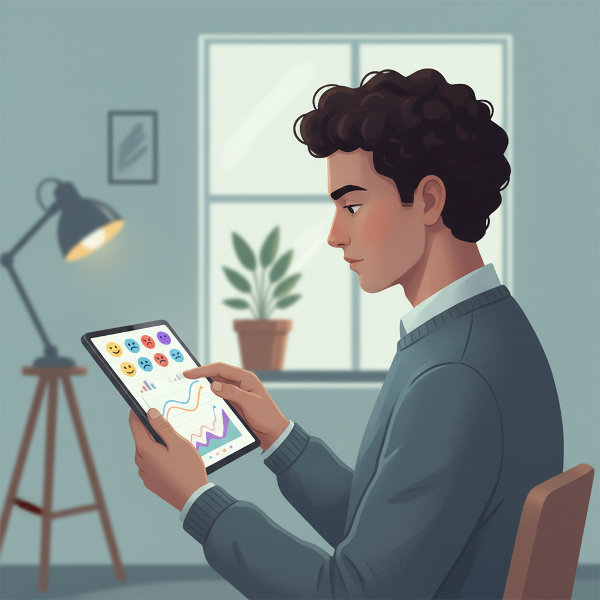 Eine Person betrachtet nachdenklich ein Tablet, das farbige Emotionssymbole und Auswertungsgrafiken eines emotionalen Intelligenztests zeigt.