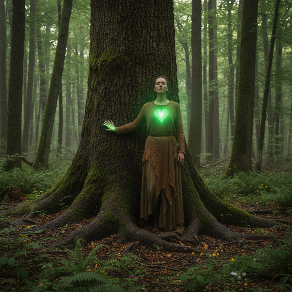 Eine Person mit einem leuchtend grünen Herzen in einem üppigen Wald, die einen Baum berührt und die enge Verbindung zur planetaren Gesundheit symbolisiert.