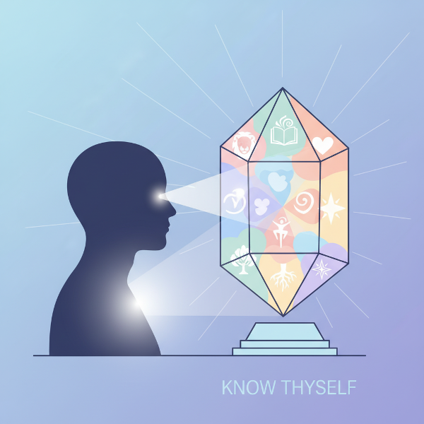 Eine Person betrachtet einen Kristall, der verschiedene farbige Persönlichkeitsaspekte reflektiert, symbolisch für Selbsterkenntnis.