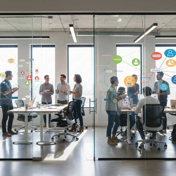 Ein modernes Büro mit interagierenden Mitarbeitern, die in einer offenen Umgebung kommunizieren und zusammenarbeiten, umgeben von reflektierenden Glaswänden und abstrakten Symbolen.