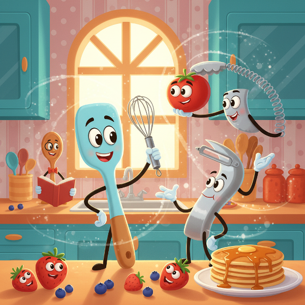 Ein farbenfrohes Cartoon-Küchenbild, in dem verschiedene Küchenutensilien mit menschlichen Zügen und Persönlichkeiten interagieren.