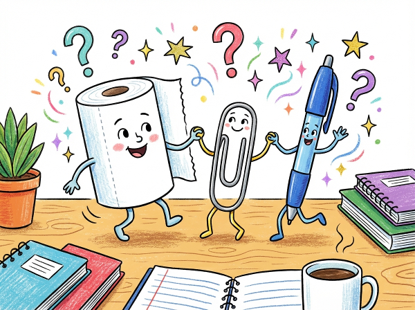 Eine verspielte Illustration von tanzenden Alltagsgegenständen wie Küchenrolle, Büroklammer und Kugelschreiber, umgeben von Fragezeichen und funkelnden Effekten.