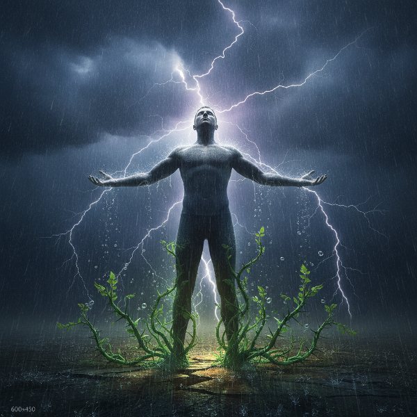 Eine Person steht in einem Sturm, umgeben von Blitzen und Regen, mit ruhiger Haltung, die Chaos in Wachstum verwandelt.