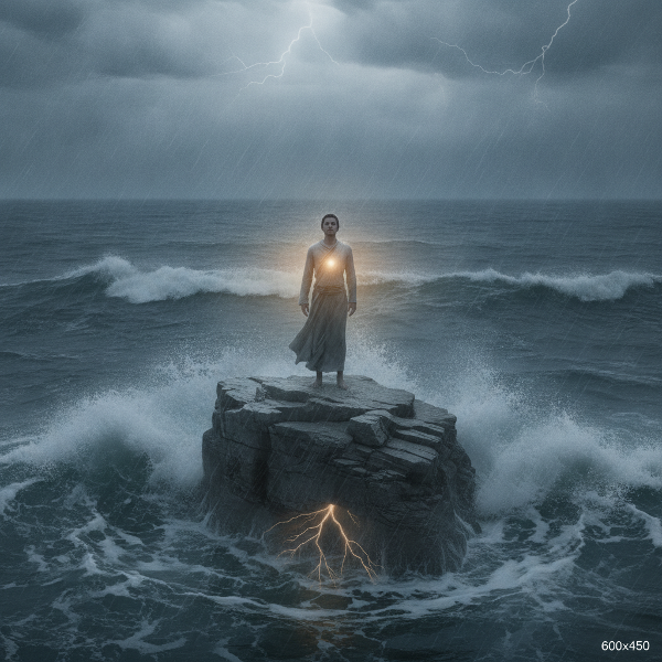 Das Bild zeigt eine einzelne Person auf einem Felsen im stürmischen Meer, die dem Wind und den Wellen standhält, was die Fähigkeit symbolisiert, Krisen zu überstehen und gestärkt daraus hervorzugehen.
