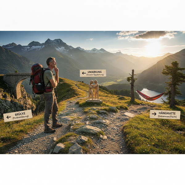 Das Bild zeigt eine ruhige Landschaft mit einem Wanderer an einer Weggabelung. Drei Wege führen zu Symbolen: eine Brücke (problemlösend), eine Umarmung (unterstützend) und eine Hängematte (vermeidend).