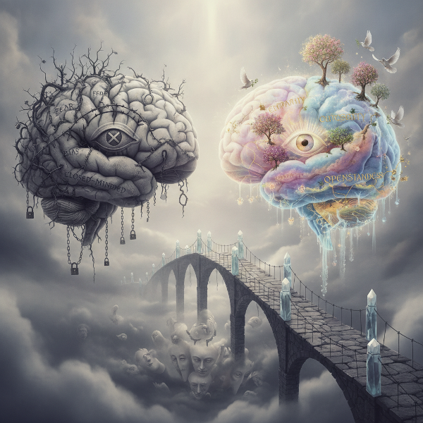 Eine surreale Illustration einer Brücke zwischen zwei Gehirnhälften, die implizite Vorurteile und kognitive Offenheit symbolisiert.