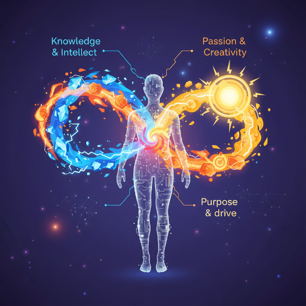 Ein abstraktes, farbenfrohes Bild, das drei verschiedene Energiequellen zeigt, die sich zu einer menschlichen Silhouette vereinen und innere Antriebskräfte symbolisieren.