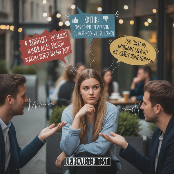 Eine Person in einer Gruppe mit Sprechblasen, die Konflikte, Lob und Kritik zeigt, um unbewusste Kommunikationsmuster darzustellen.