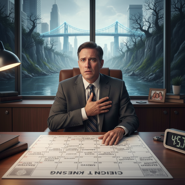 Ein Berater erlebt Angstsymptome in seinem Büro, während er seinen vollen Terminkalender betrachtet, was den Kontrast zwischen professioneller Rolle und persönlichem Kampf zeigt.