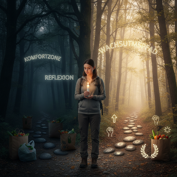 Symbolische Darstellung des Teufelskreises aus Angst, Entscheidungslähmung und kompensatorischem Kaufen sowie des Wegs zu mehr Selbstvertrauen und Handlungsfreiheit.