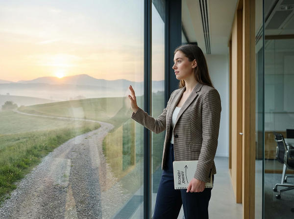 Eine junge Frau im Büro blickt nachdenklich aus dem Fenster, während ein symbolischer Weg in eine hoffnungsvolle Landschaft führt.