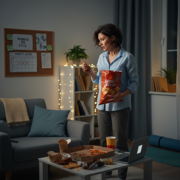 Eine Frau im Berufsleben, die mit stressbedingten Essanfällen umgeht und nach Wegen sucht, den Kreislauf zu durchbrechen.