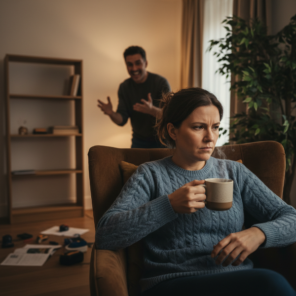 Eine Frau in ihren Vierzigern zeigt subtile Anzeichen von Reizbarkeit und innerer Anspannung in einer häuslichen Umgebung, während sie ihrem Partner zuhört.