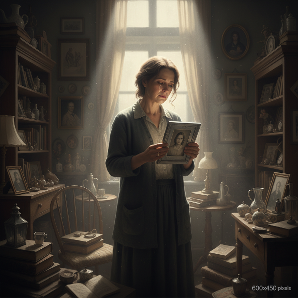 Eine Frau in einem überfüllten Zuhause voller gesammelter Gegenstände, die zwischen emotionaler Belastung und dem Wunsch nach Veränderung hin- und hergerissen ist.