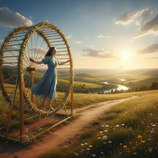 Eine Frau verlässt ein goldenes Hamsterrad und geht auf eine sonnige, weite Landschaft zu, umgeben von leuchtenden Farben.